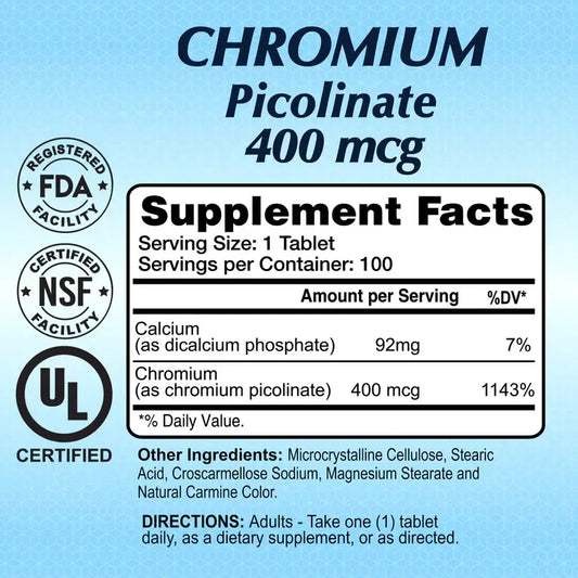 Supplement facts for Chromium Picolinate 400 mcg – dosage, ingredients, and nutritional information – BioHealth
