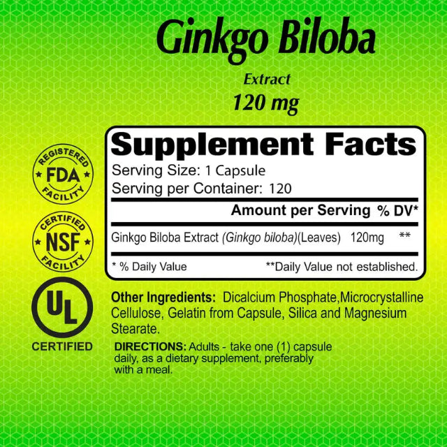 Ginkgo Biloba supplement facts showing 120mg standardized extract per capsule, vegetarian formula, NSF and U/L certified – UAE wellness supplement