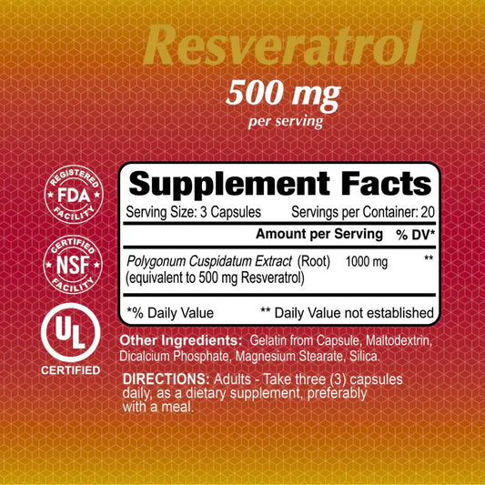 Close-up of Resveratrol 500mg supplement bottle – Alfa Vitamins premium formula – made in USA, distributed by BioHealth UAE