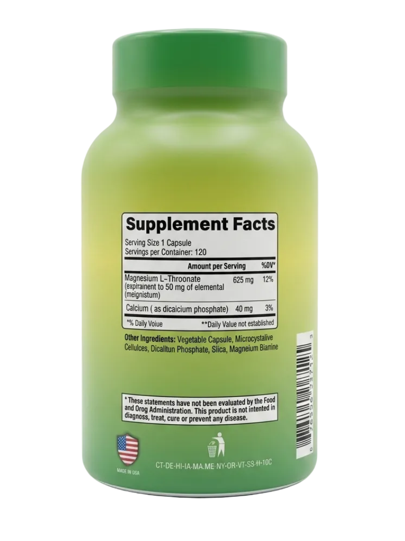 Alfa Vitamins Magnesium L-Threonate supplement facts label showing elemental magnesium and calcium content