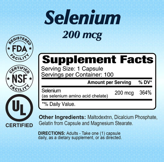 Alfa Vitamins Selenium 200mcg supplement facts label showing selenium amino acid chelate content