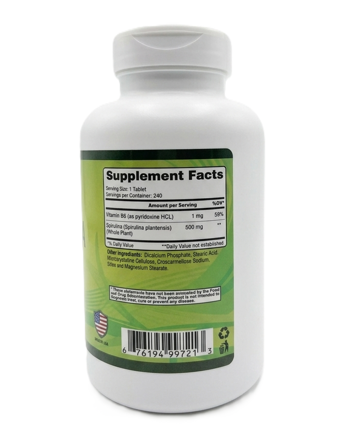 Alfa Vitamins Spirulina supplement facts label showing Spirulina plantensis and vitamin B6 content