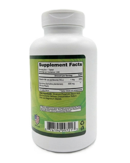 Alfa Vitamins Spirulina supplement facts label showing Spirulina plantensis and vitamin B6 content