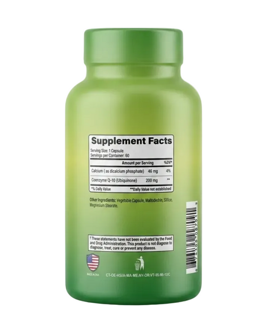 "Alfa Vitamins CoQ-10 supplement facts label showing 200mg Coenzyme Q10 ubiquinone per capsule with complete ingredient list and nutrition information"
