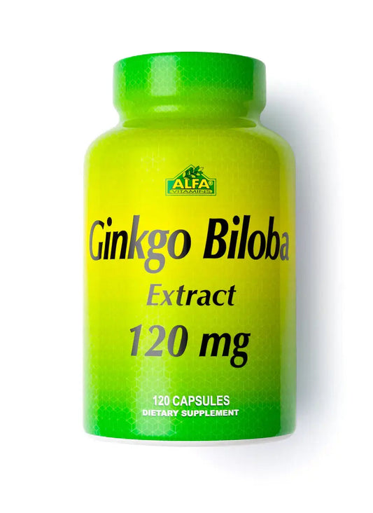 Ginkgo Biloba 120mg supplement bottle by Alfa Vitamins