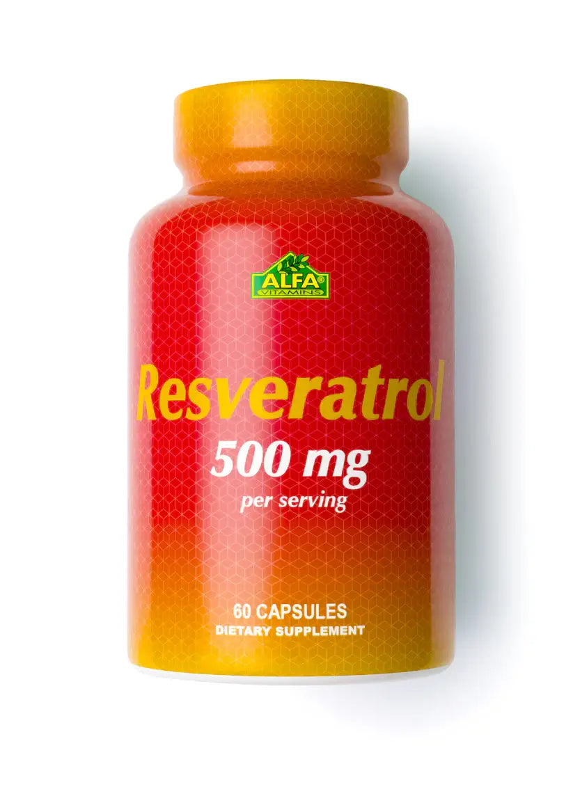 Resveratrol 500mg supplement bottle by Alfa Vitamins