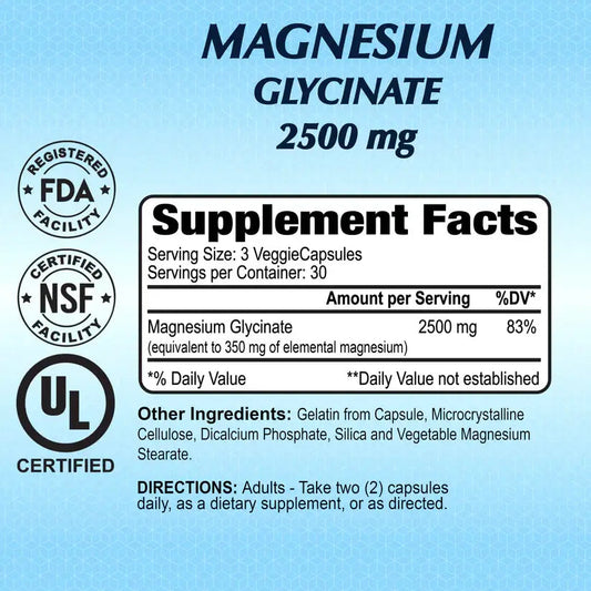Magnesium Glycinate 2500mg supplement facts label