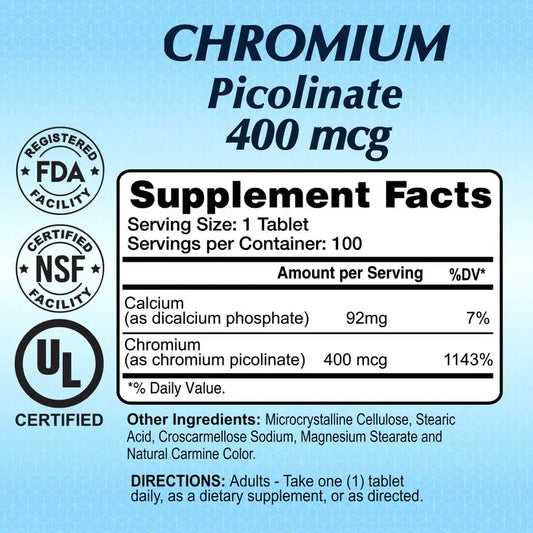 Chromium Picolinate 400mcg supplement facts label