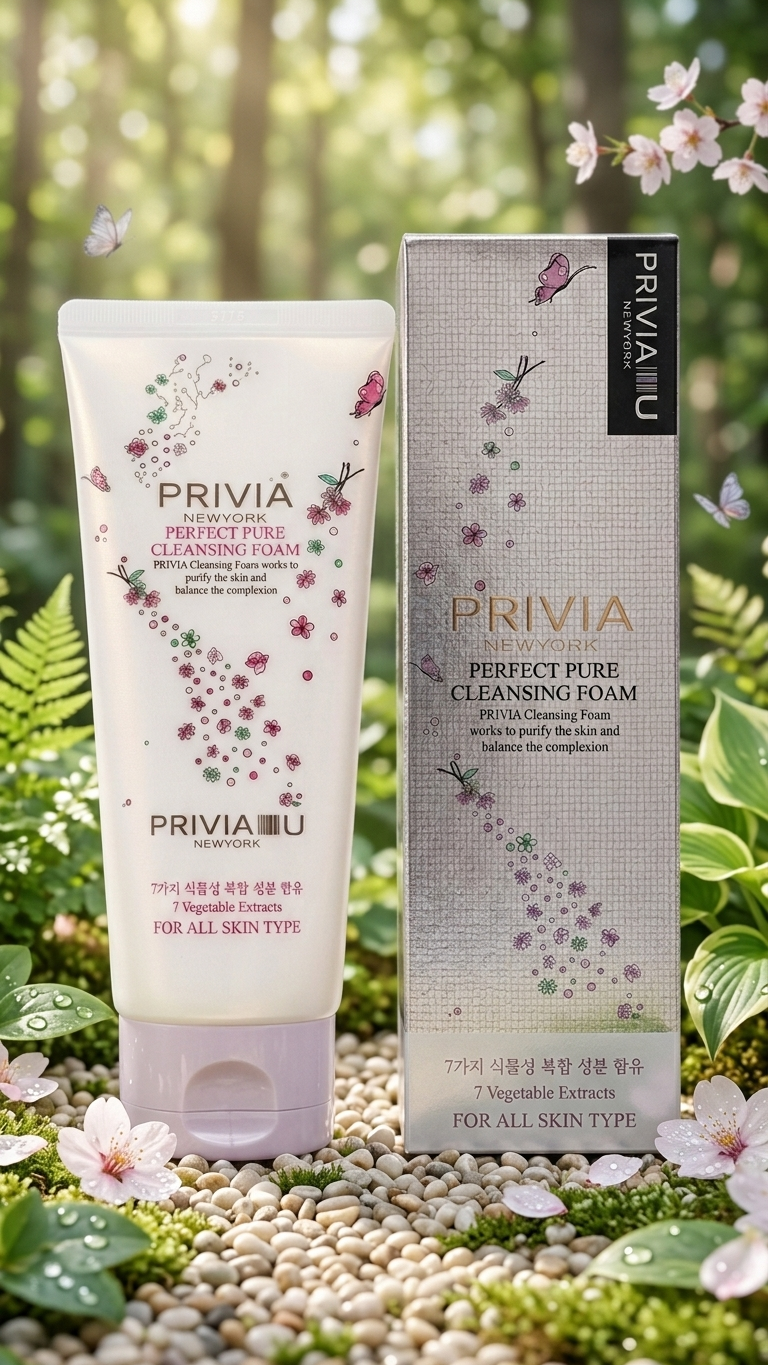 PRIVIA U Perfect Pure Cleansing Foam shown as a white tube with pink floral graphics next to its matching textured packaging box, set on a bed of small white pebbles surrounded by green leaves and pink blossoms.
