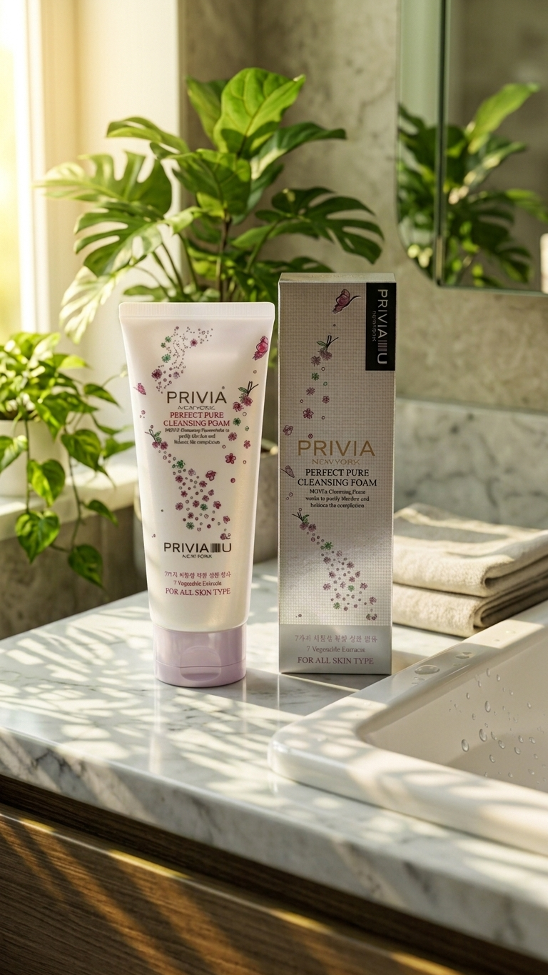 A tube and box of PRIVIA Perfect Purifying Cleanser are displayed on a marble bathroom counter next to a sink, with green plants in the background.