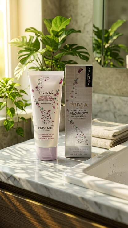 A tube and box of PRIVIA Perfect Purifying Cleanser are displayed on a marble bathroom counter next to a sink, with green plants in the background.