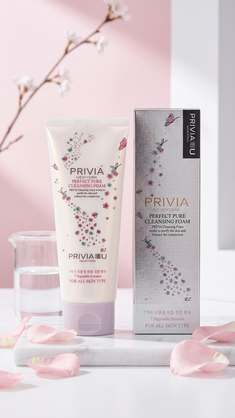 PRIVIAIU Perfect Pure Cleansing Foam shown as a white tube with pink floral graphics next to its gray and white packaging box, styled on a marble tray with pink petals and a glass of water against a soft pink background.