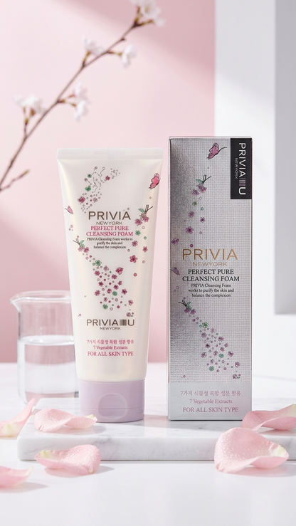 PRIVIAIU Perfect Pure Cleansing Foam shown as a white tube with pink floral graphics next to its gray and white packaging box, styled on a marble tray with pink petals and a glass of water against a soft pink background.