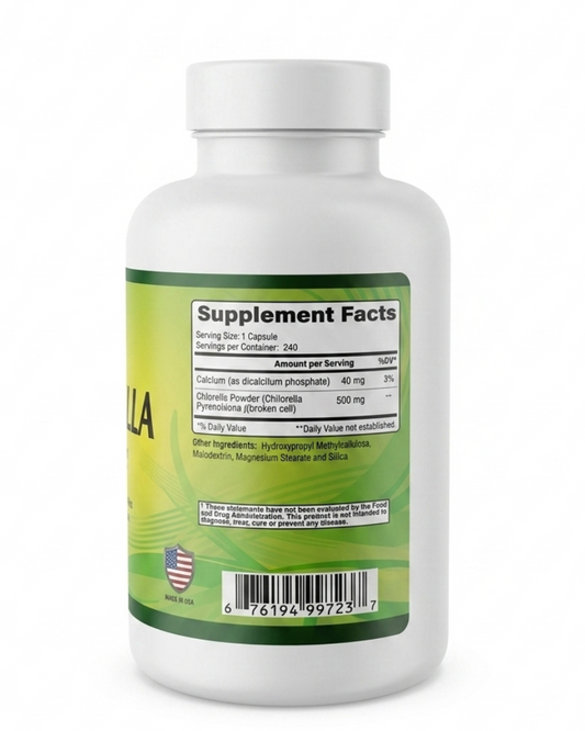 Alfa Vitamins Chlorella 500mg supplement facts label showing broken-cell Chlorella Pyrenoidosa and calcium content