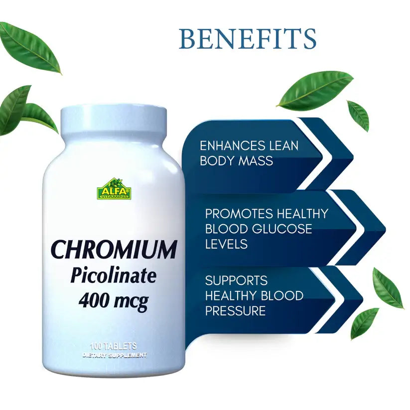 Alfa Vitamins Chromium Picolinate bottle with tamper-proof seal and clean label – made in USA, gluten-free