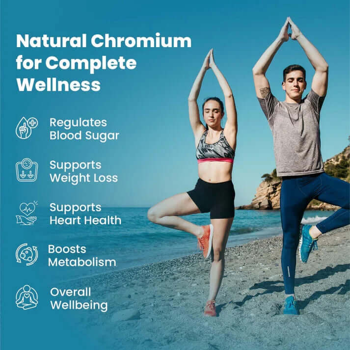 Benefits of Chromium Picolinate: supports healthy blood sugar levels, insulin function, and energy metabolism