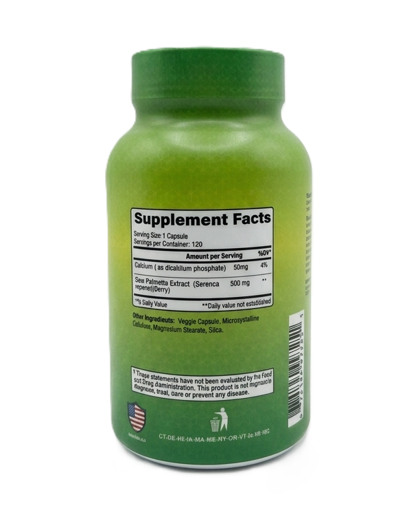 Alfa Vitamins Saw Palmetto supplement facts label showing Serenoa repens extract and calcium content