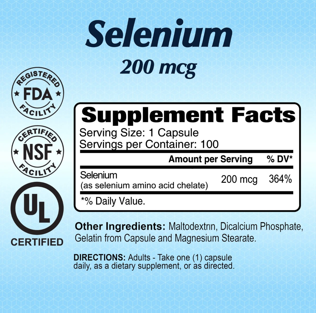 Alfa Vitamins Selenium 200mcg supplement facts label showing selenium amino acid chelate content