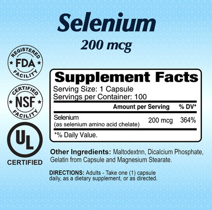 Alfa Vitamins Selenium 200mcg supplement facts label showing selenium amino acid chelate content