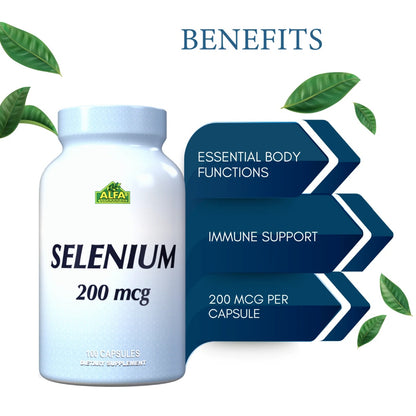 Alfa Vitamins Selenium 200mcg benefits graphic highlighting essential body functions, immune support and 200mcg potency per capsule