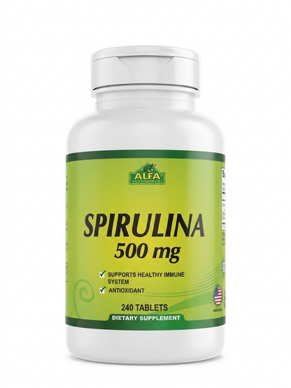 Alfa Vitamins Organic Spirulina 500mg 240 tablets bottle, immune support and antioxidant