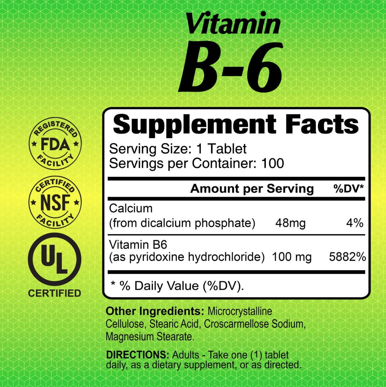 Alfa Vitamins Vitamin B6 100mg supplement facts label showing pyridoxine hydrochloride and calcium content