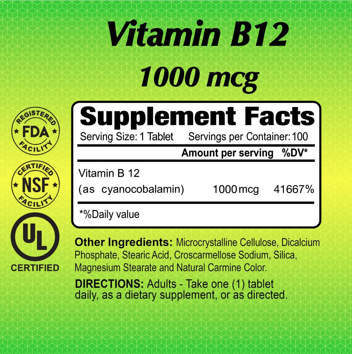 "ALFA VITAMINS B12 1000 mcg supplement facts showing cyanocobalamin content 41667% daily value with FDA NSF and UL certified seals"