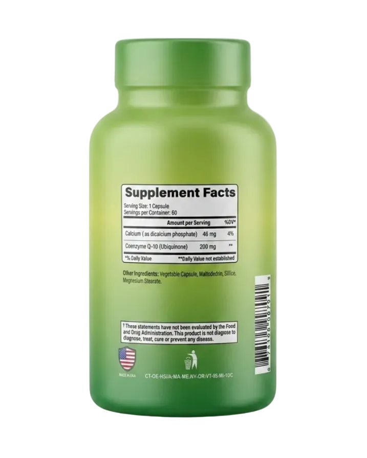 "Alfa Vitamins CoQ-10 supplement facts label showing 200mg Coenzyme Q10 ubiquinone per capsule with complete ingredient list and nutrition information"