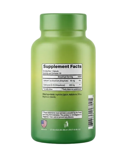 "Alfa Vitamins CoQ-10 supplement facts label showing 200mg Coenzyme Q10 ubiquinone per capsule with complete ingredient list and nutrition information"