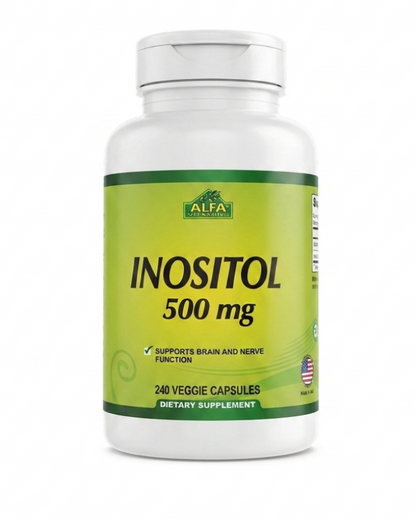 Alfa Vitamins Inositol 500mg bottle with 240 vegetable capsules supporting brain and nerve function dietary supplement made in USA