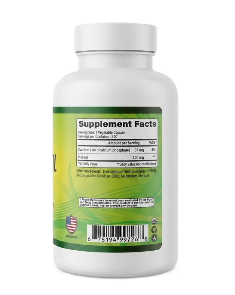 Alfa Vitamins Inositol 500mg supplement facts label showing 500mg inositol per vegetable capsule with 240 servings, calcium content, and complete ingredient list for brain and nerve support