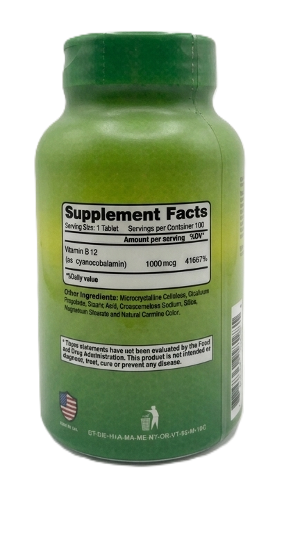 "ALFA VITAMINS Vitamin B12 1000mcg back label showing supplement facts ingredients directions and made in USA certification"